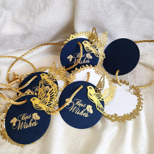 Layered blue gift tags with gold 'Best Wishes' text and gold bird cut-outs, in laser cut detailing