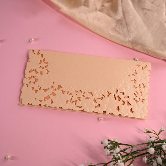 Embossed & lazer cut beige envelope with Rust colour inner floral cut-out design.