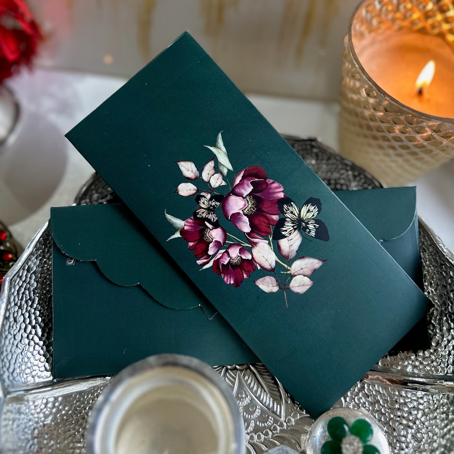 Poppy on Deep Green Printed Envelop - Set of 10