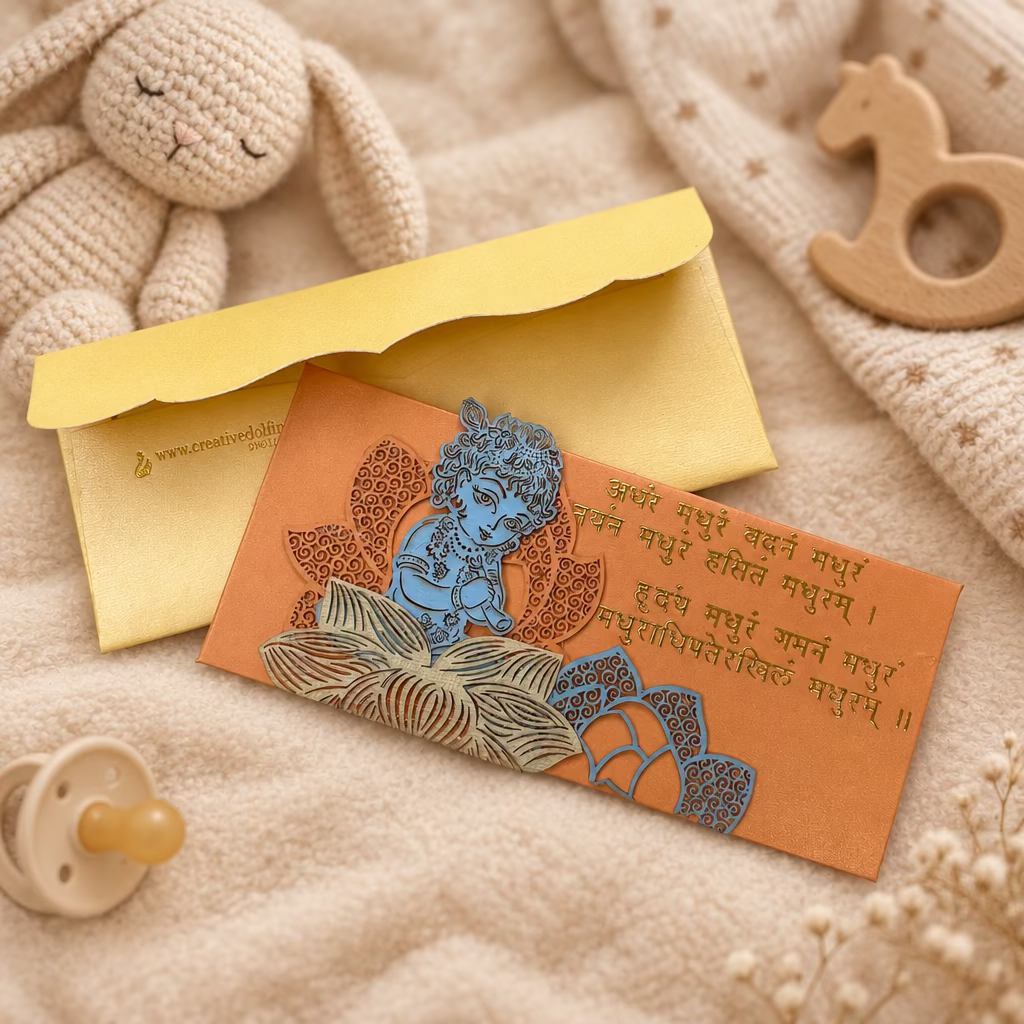 Yellow envelope with a laser patchwork design featuring an image of Krishna and mantras