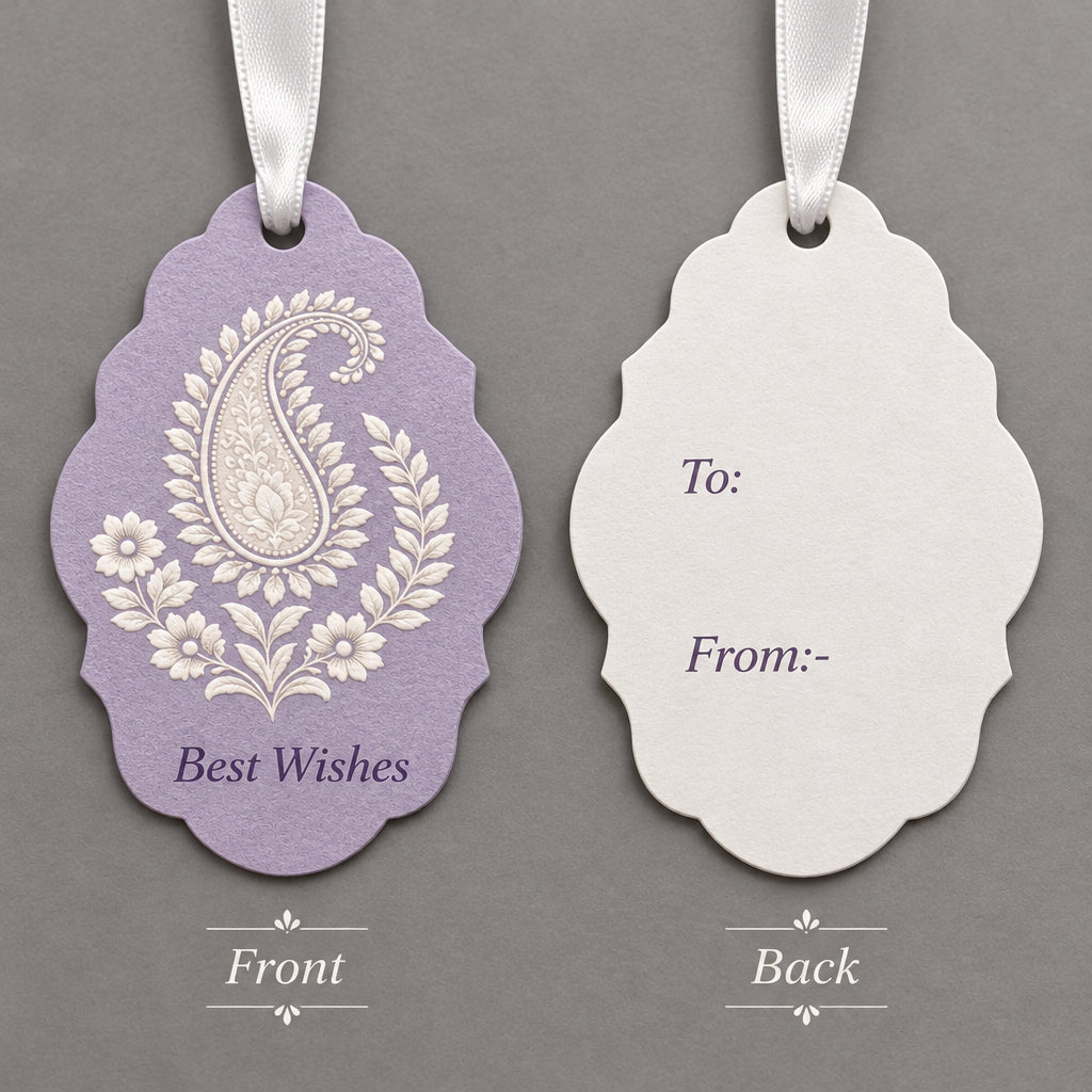Gift tags with a white paisley floral design and the text 'Best Wishes,' on the back side white tag with 'To:' and 'From:' fields and a clear string.