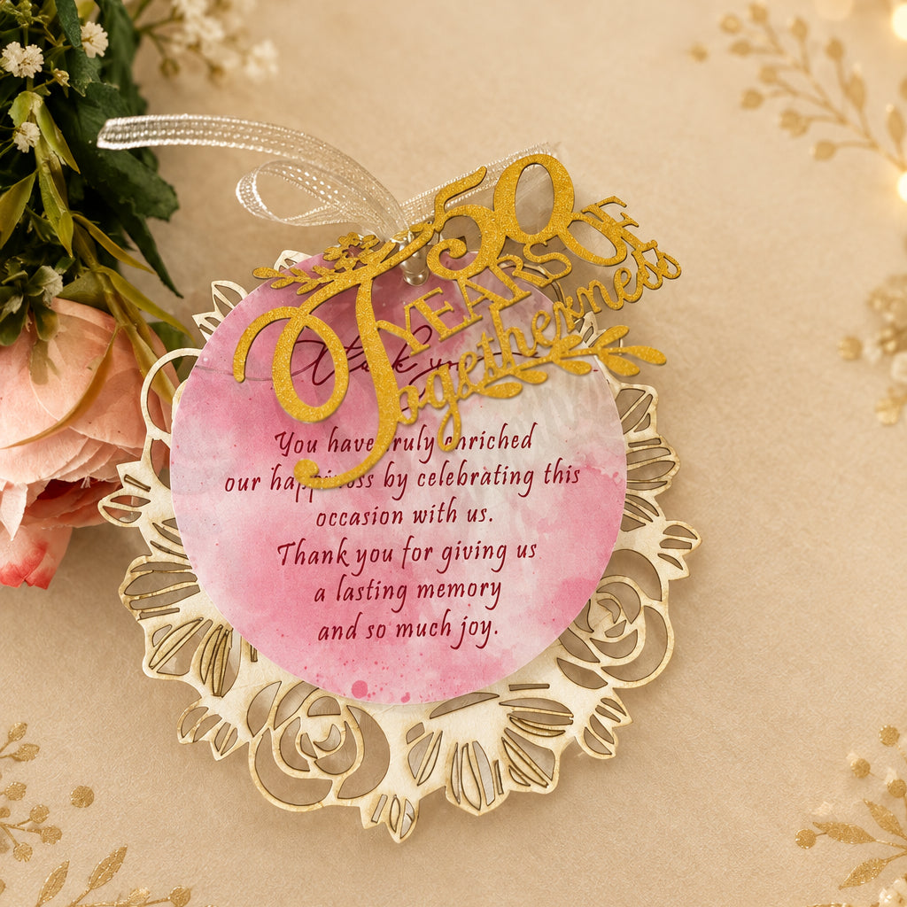50th birthday tag with a decorative border, a pink middle layer, and text that reads '50'