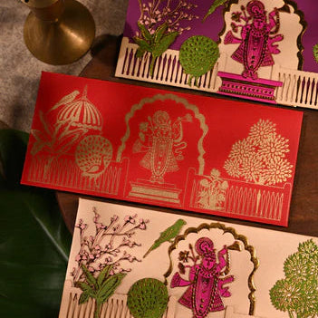 Tanjore and gold print Shrinathji Sagun Envelope with the elements of peacock, Banana, tree & Parrot