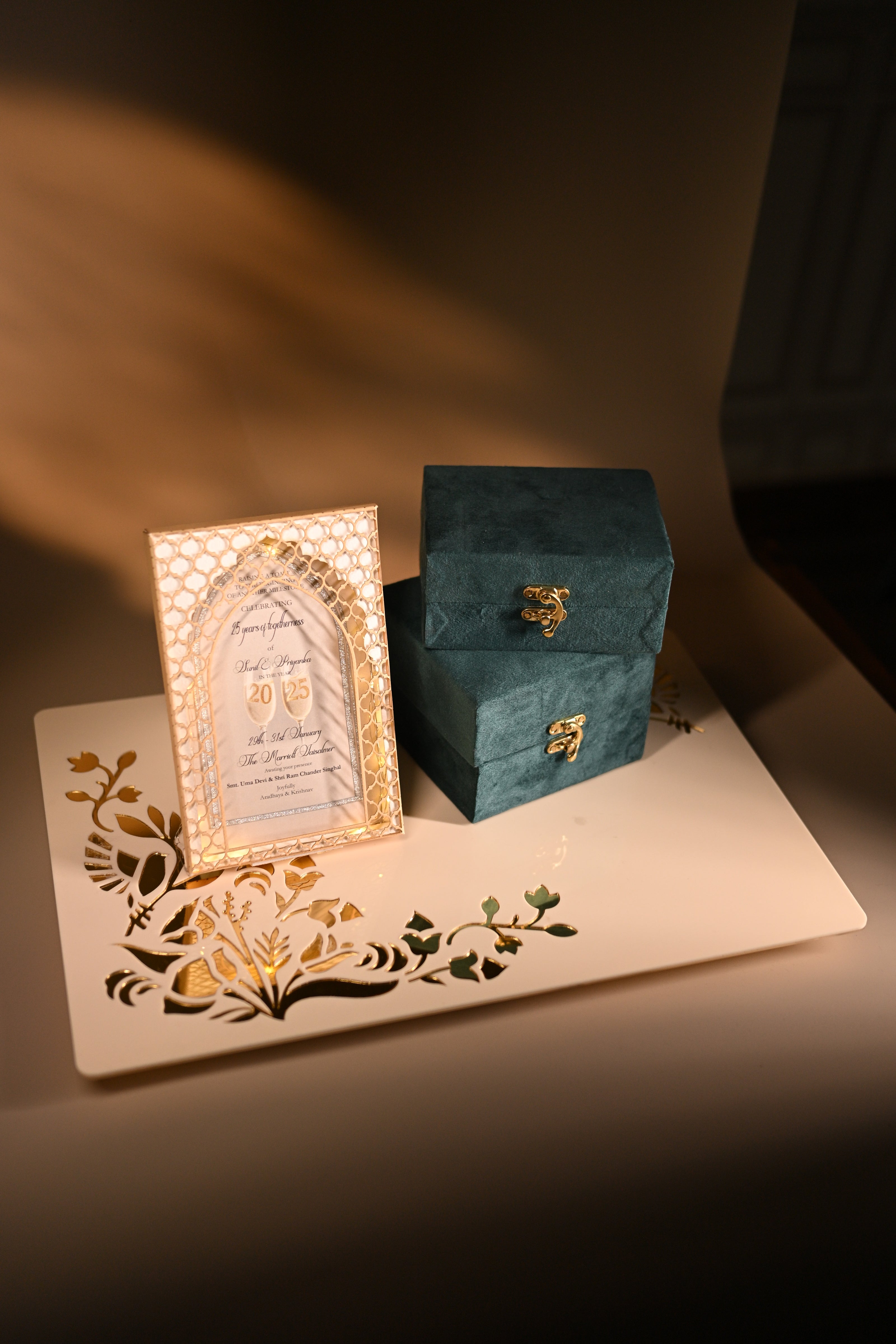 Decorative box with intricate design and a personalised celebratory card