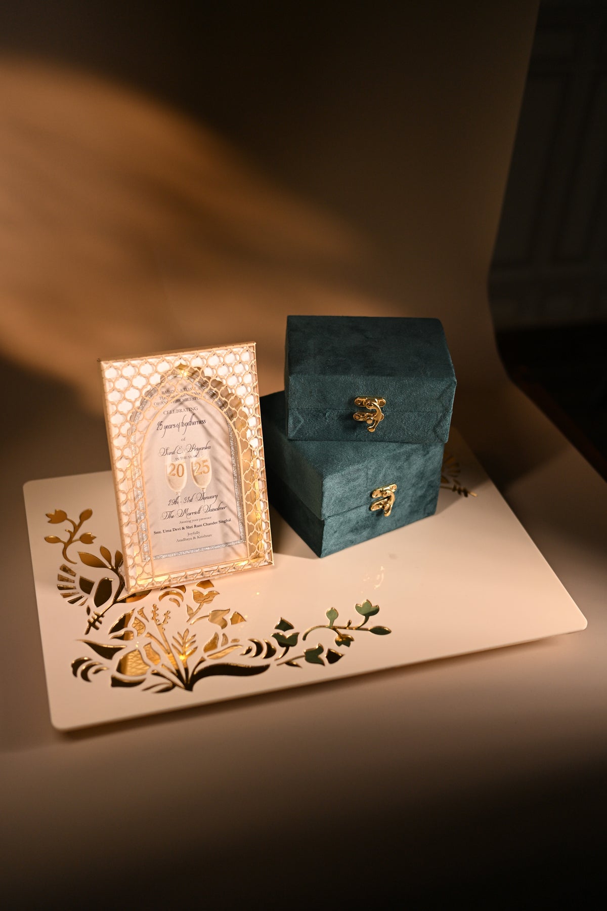 Decorative box with intricate design and a personalised celebratory card