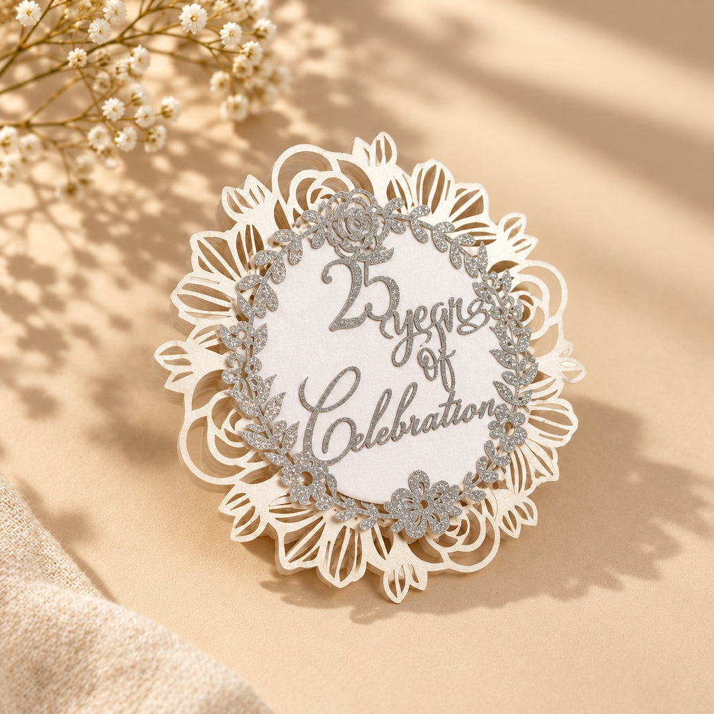 A round tag with '25 Years of Celebration' message in elegant glitter script, surrounded by a laser-cut floral border with silver accents on a beige fabric surface.
