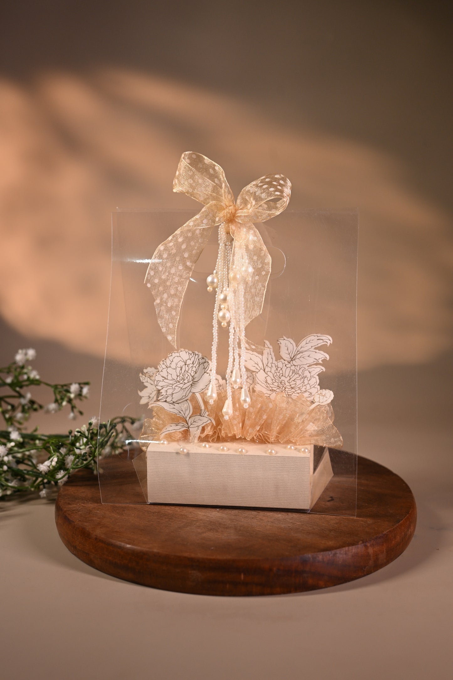 3D design Coin box or jewellery box decorated with standing flower, ribbon & pearl and transparent bag