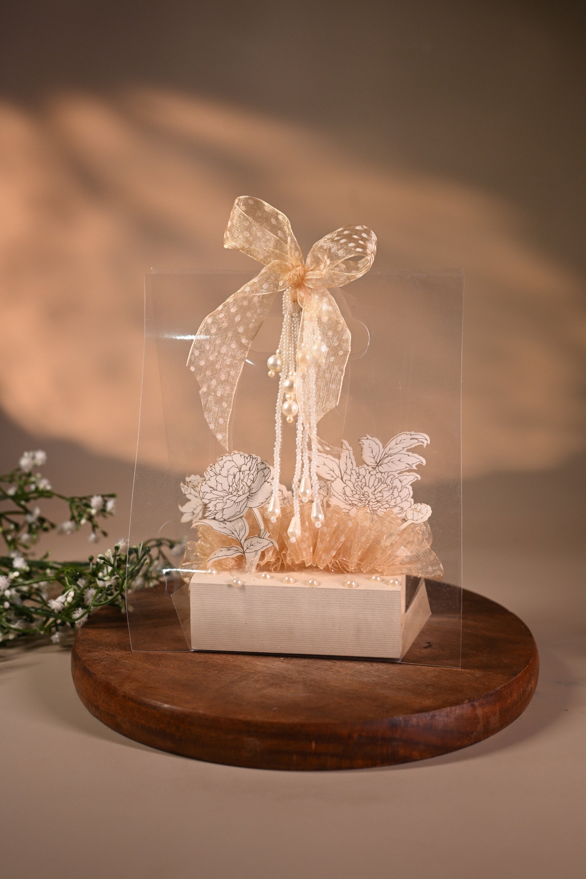 3D design Coin box or jewellery box decorated with standing flower, ribbon & pearl and transparent bag