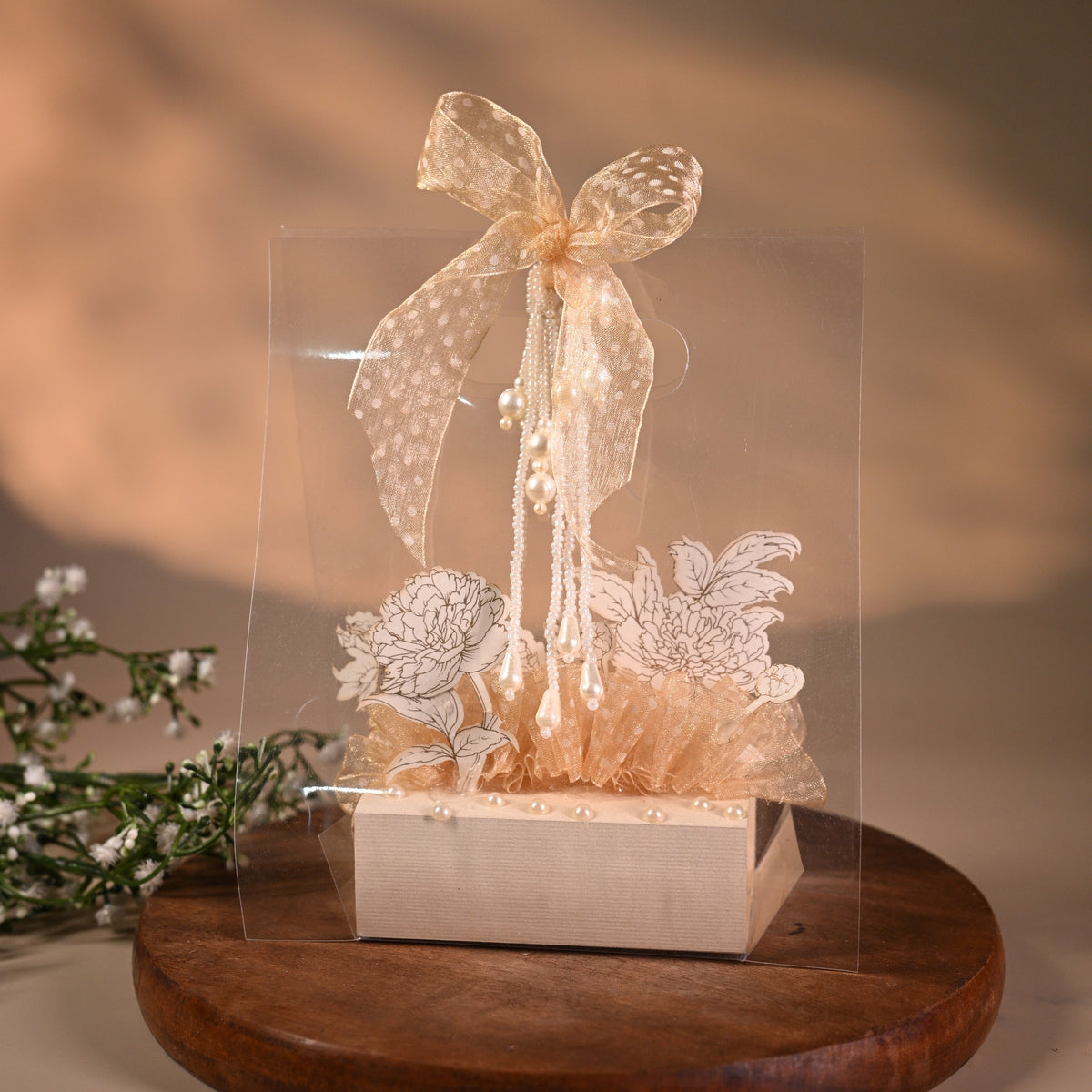 3D design Coin box or jewellery box decorated with standing flower, ribbon & pearl and transparent bag