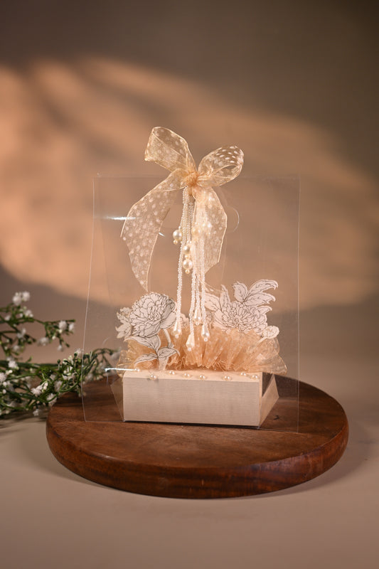 3D design Coin box or jewellery box decorated with standing flower, ribbon & pearl and transparent bag