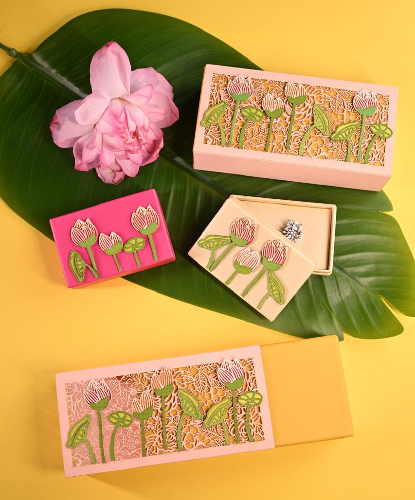 Lotus cash Box, Gift Box , jewelry box with full cutting cover and lotus buds on it