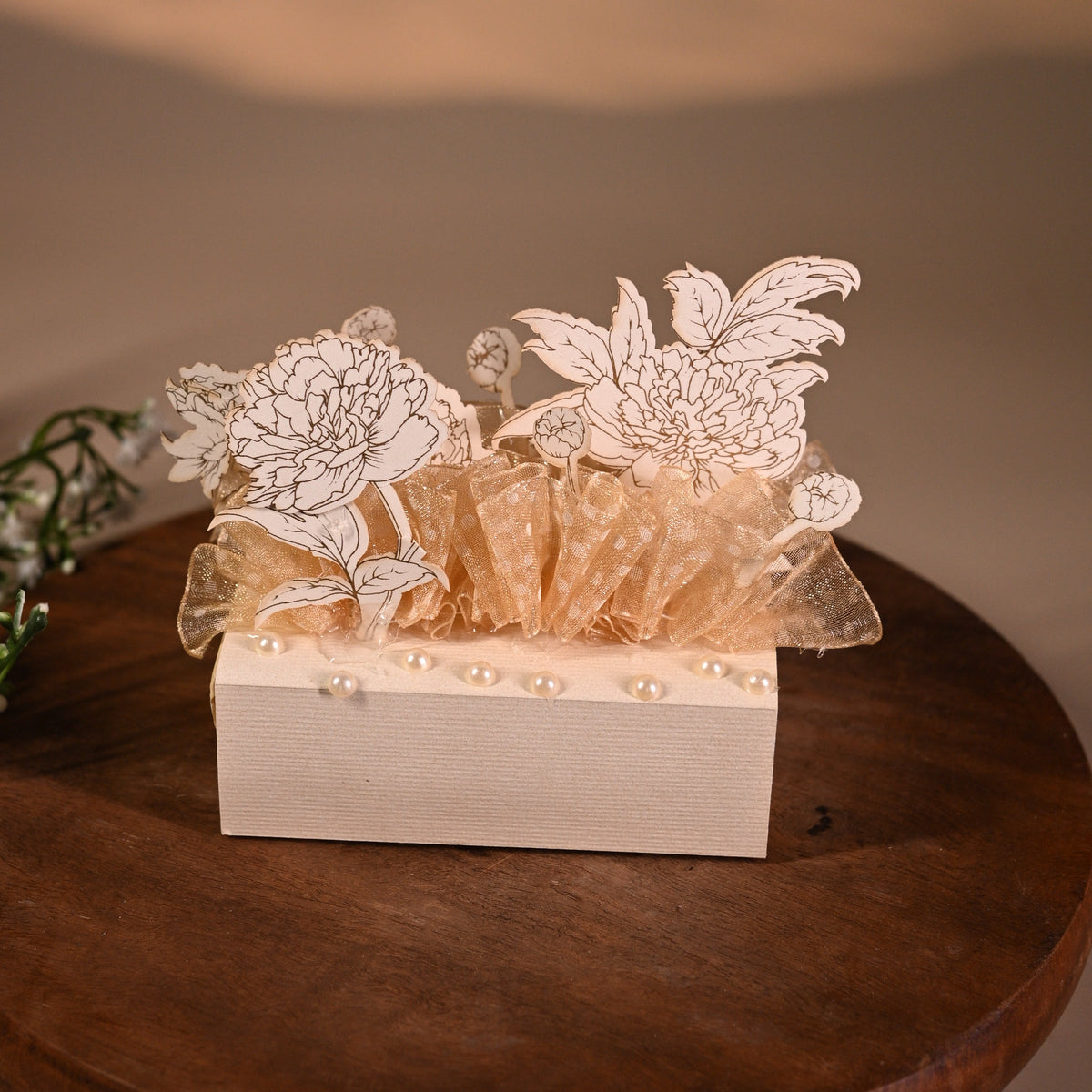 3D design coin box or jewellery box decorated with standing flower and transparent bag