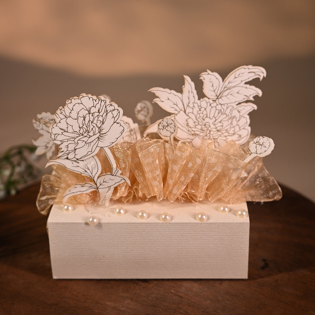 3D design coin box or jewellery box decorated with standing flower and transparent bag
