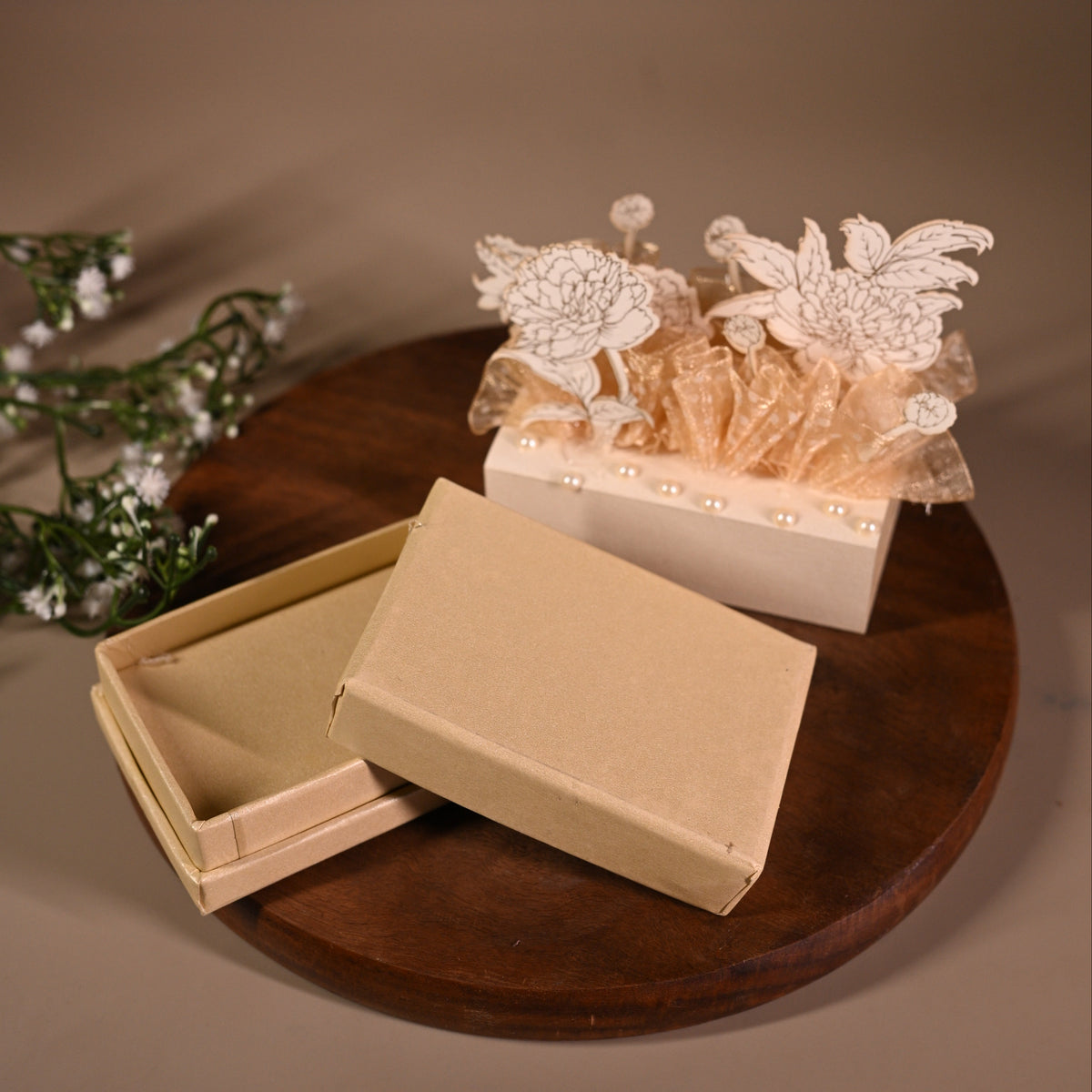 3D design coin box or jewellery box decorated with standing flower and transparent bag