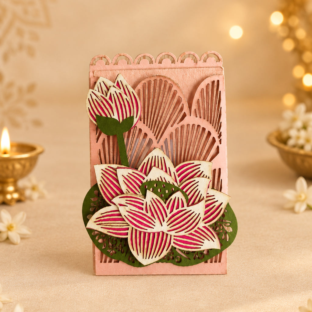 pink colour lotus coin pocket with laser-cut lotus and buds on it