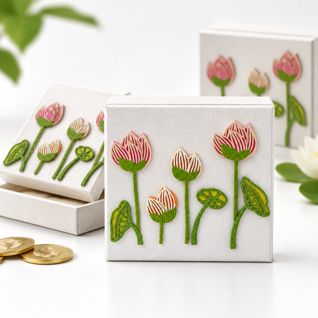 silver coin box with pichwai lotus design placed on it