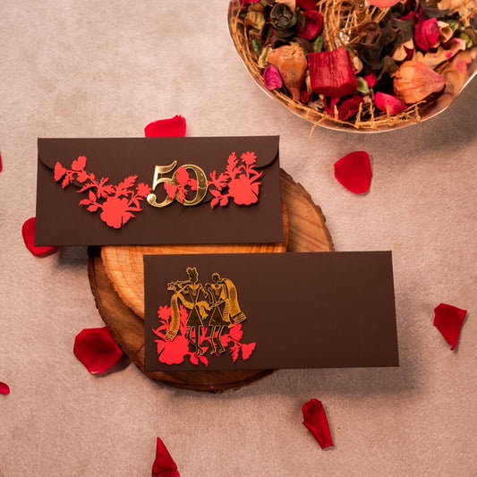 A set of brown envelopes with a floral pattern and the number 50 prominently displayed.