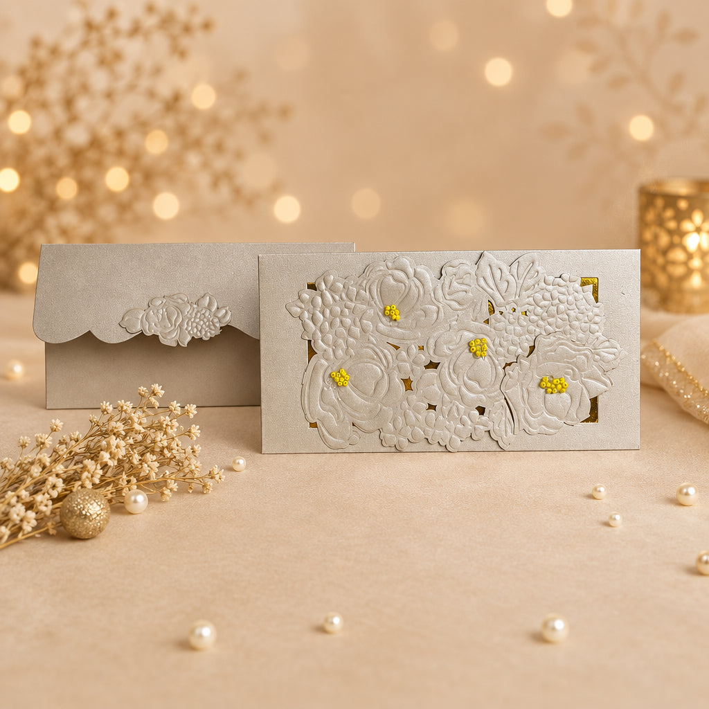 Silver ambrosia sagun envelope with flower embossing and cutting