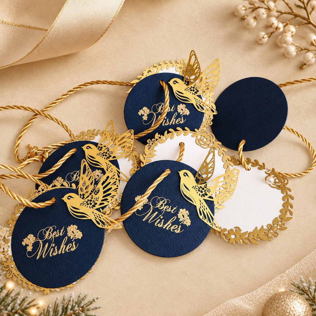Layered blue gift tags with gold 'Best Wishes' text and gold bird cut-outs, in laser cut detailing