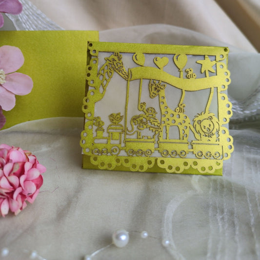 A collection of colourful laser cut envelopes with a design featuring animals