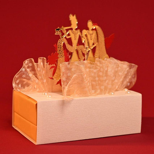 Standing 3D Design: Includes a centerpiece of Radha and Krishna, accompanied by floral motifs.