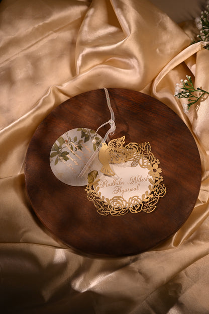 Customised round white and golden gift tags with laser cut design and 3 layers