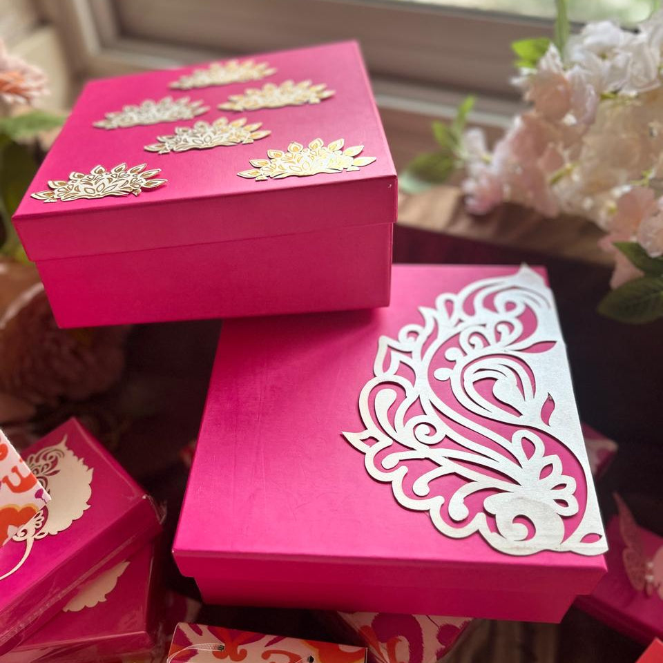Customized Printed gift box pink with foil and lazer cutting motif