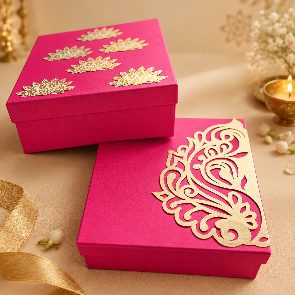 Customized Printed gift box pink with foil and lazer cutting motif