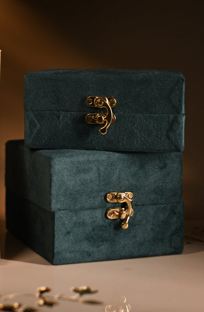 Beautiful emerald coloured decorative box with intricate design.