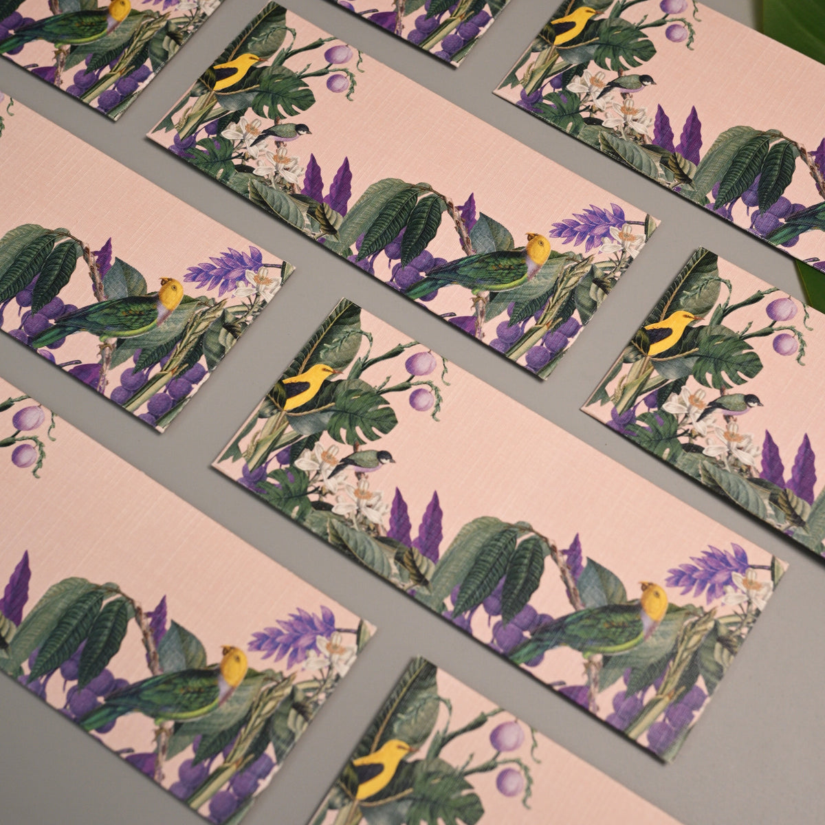 Envelopes with a botanical bird print are arranged diagonally on a gray surface. The print features green birds, purple flowers, and green leaves on a pale pink background.