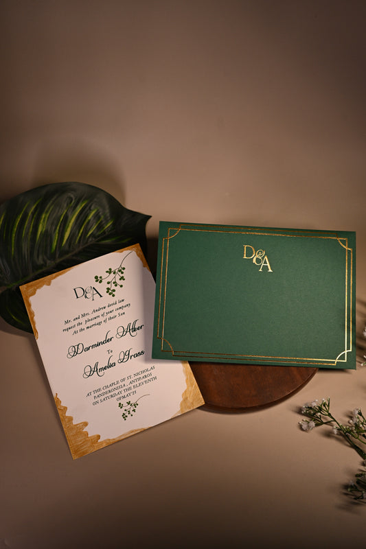 Green invitation card with gold embossing