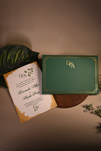 Green invitation card with gold embossing