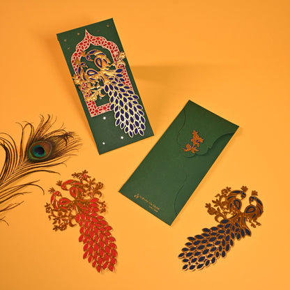 Green envelopes with intricate designs of peacock gold foil work