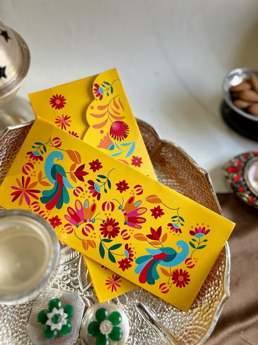 Peacock in yellow Printed envelop -Set of 10