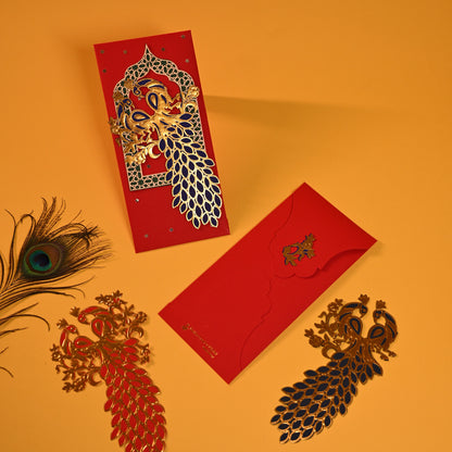 Red envelopes with intricate designs of peacock gold foil work