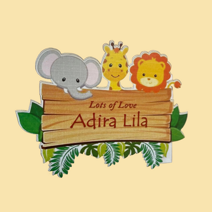 A personalized jungle-themed wooden sign with cartoon animal cutouts of an elephant, giraffe, and lion, reading 'Lots of Love 