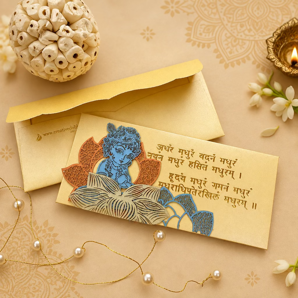 Yellow envelope with a laser patchwork design featuring an image of Krishna and mantras