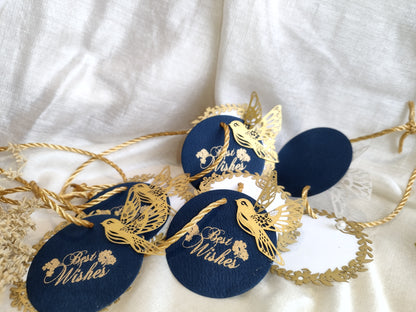 Layered blue gift tags with gold 'Best Wishes' text and gold bird cut-outs, in laser cut detailing