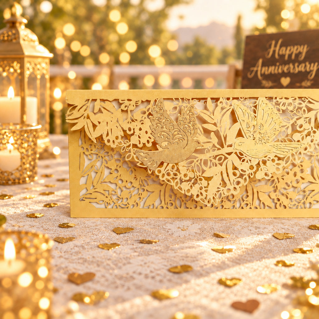 gold colour envelope with full laser-cut box and floral detailing and two birds pasted on the flap