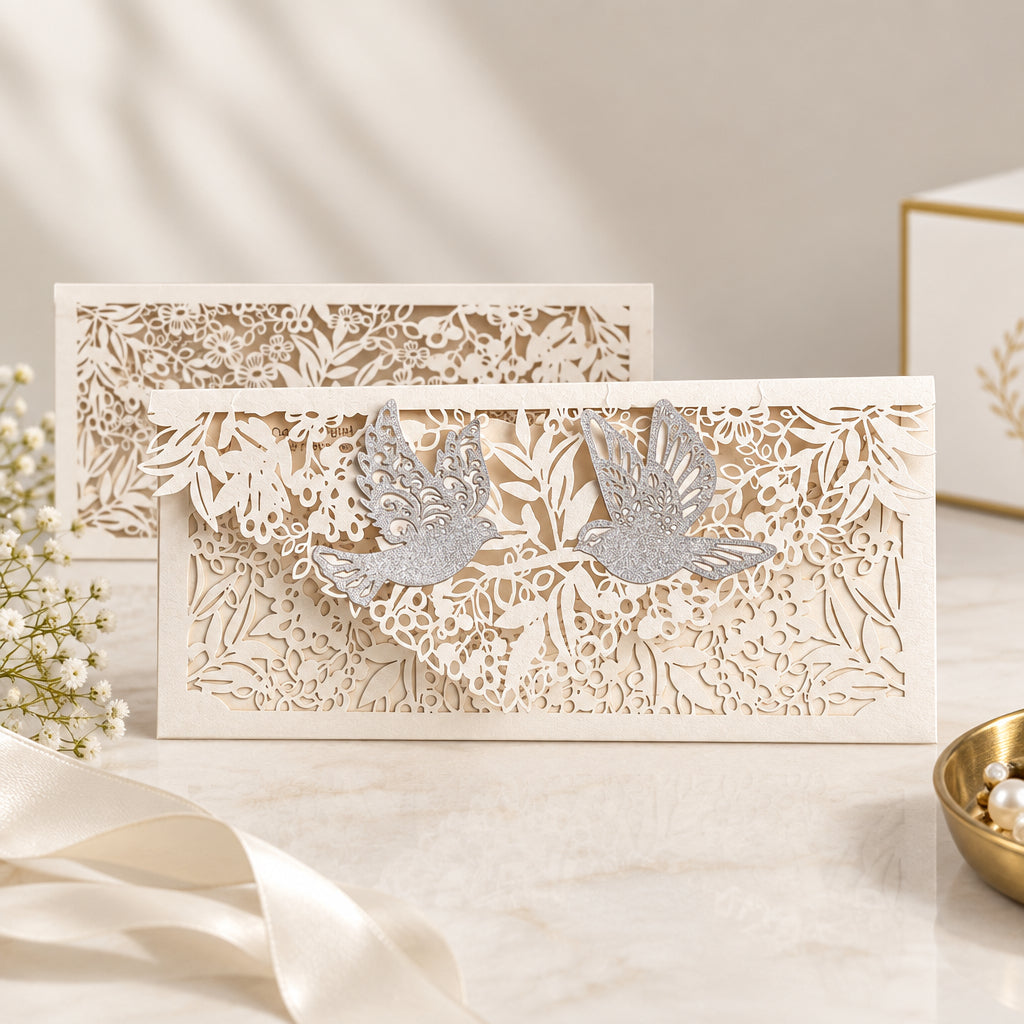 Decorative off white Envelope with intricate cut-out designs on an ivory metallic paper. Pair of birds pasted on its flap.