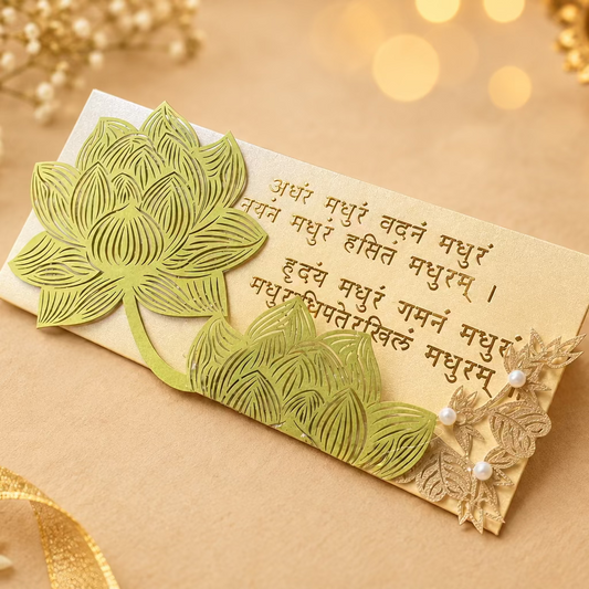 A decorative envelope with laser patchwork in green and gold colors, featuring floral designs and mantra in gold foil. 