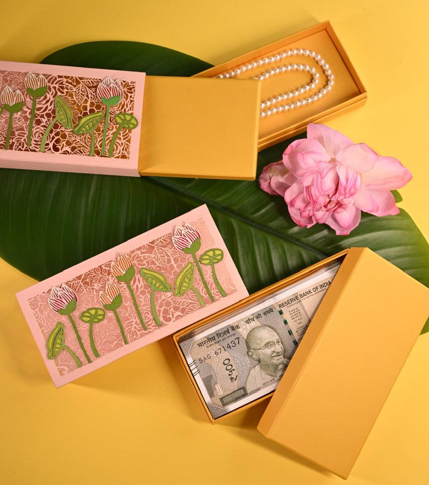 Lotus cash Box, Gift Box , jewelry box with full cutting cover and lotus buds on it
