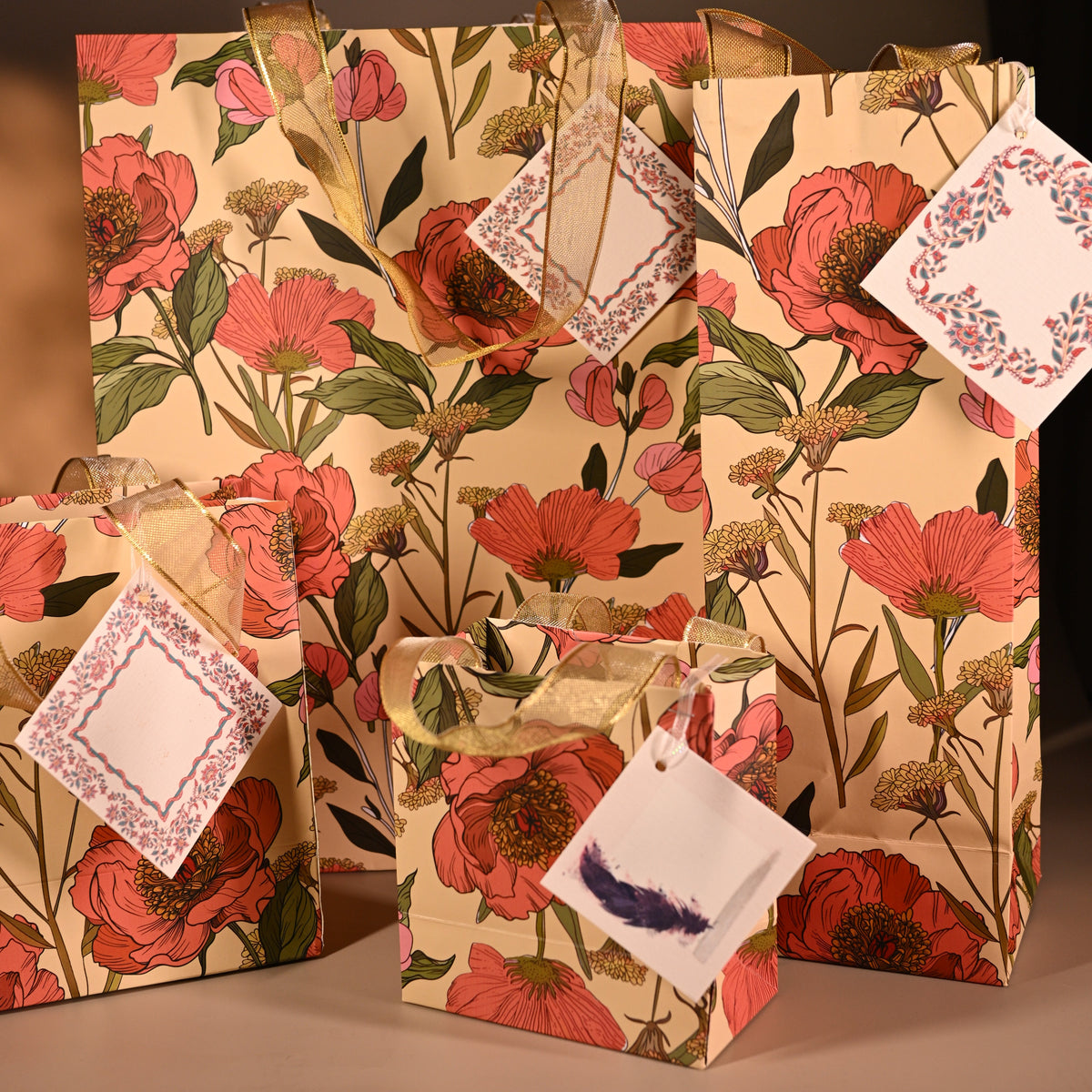 Floral-patterned Paper bag with decorative tags