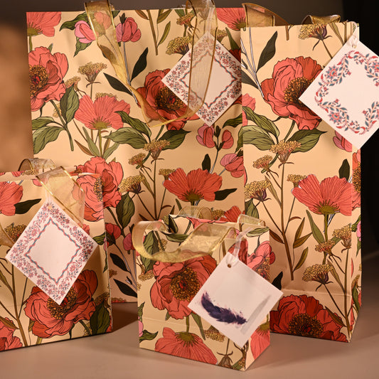 Floral-patterned Paper bag with decorative tags