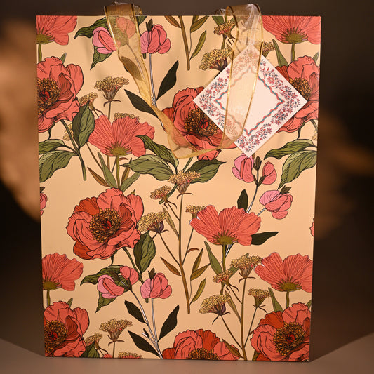 Floral-patterned bag with a card on a brown background