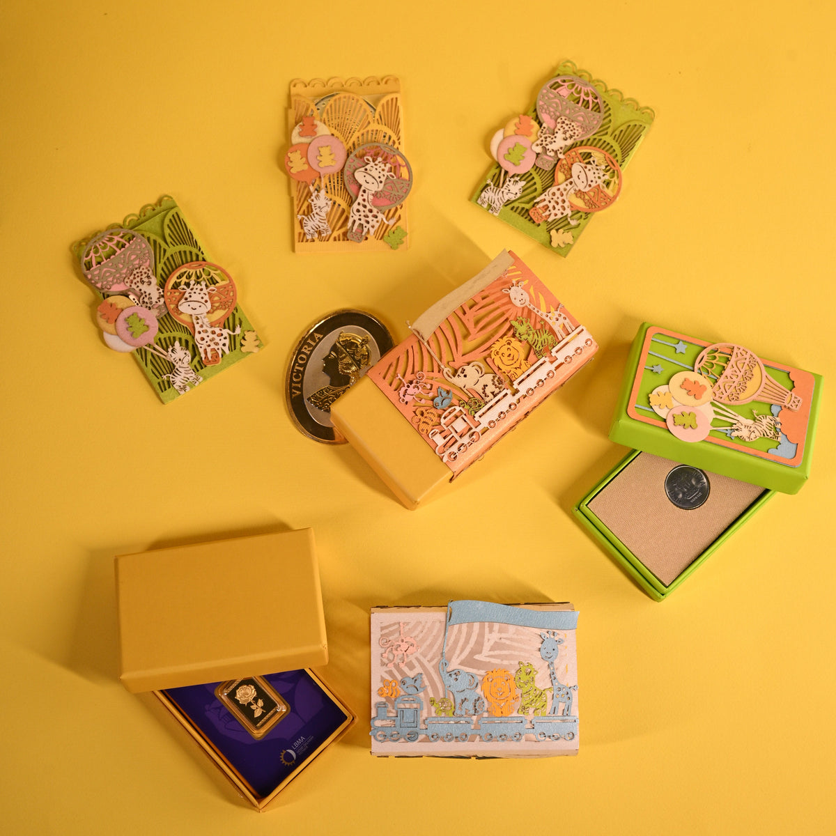 A collection of colorful coin Boxes & coin poc and small boxes