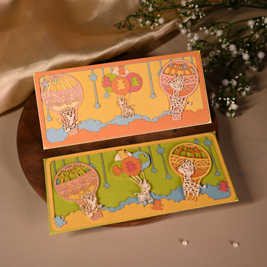 parachute  and animal envelopes on bright backgrounds and featuring intricate laser cut work.