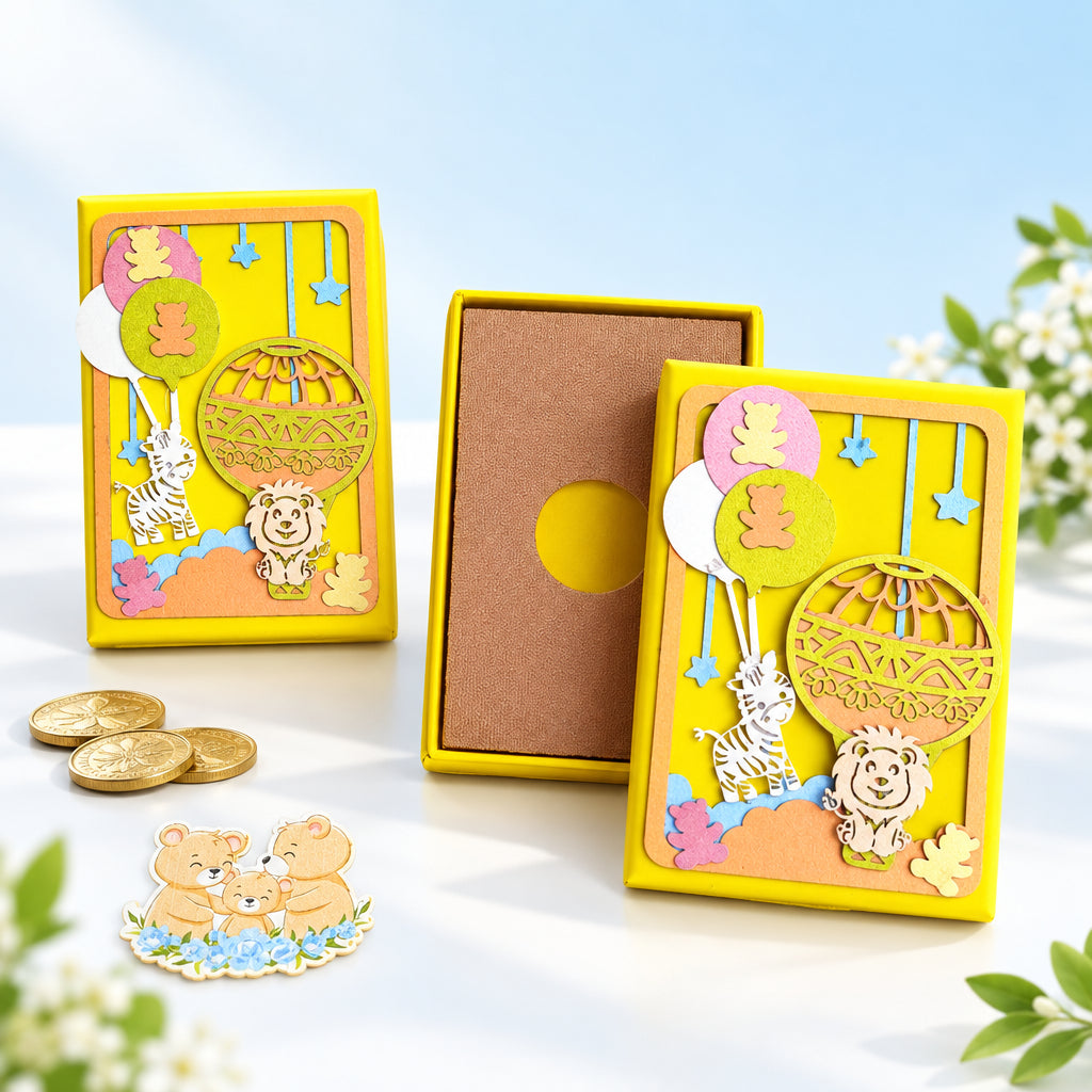 Coin box / Ginni Box with parachute theme on green cardboard box, decorated with hot air ballon, lion, teddy, zebra