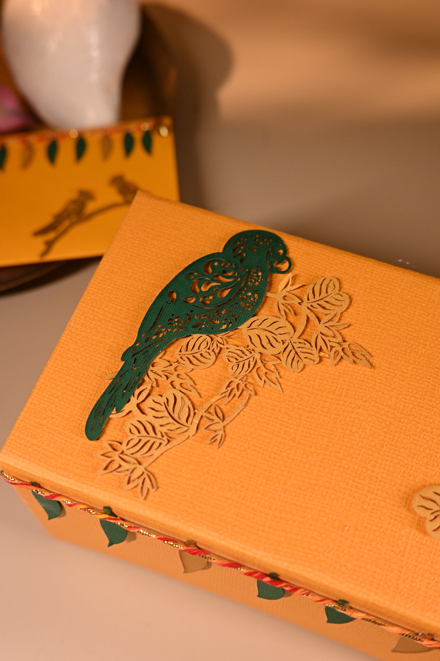 Nature ensemble box with yellow background and parrot design