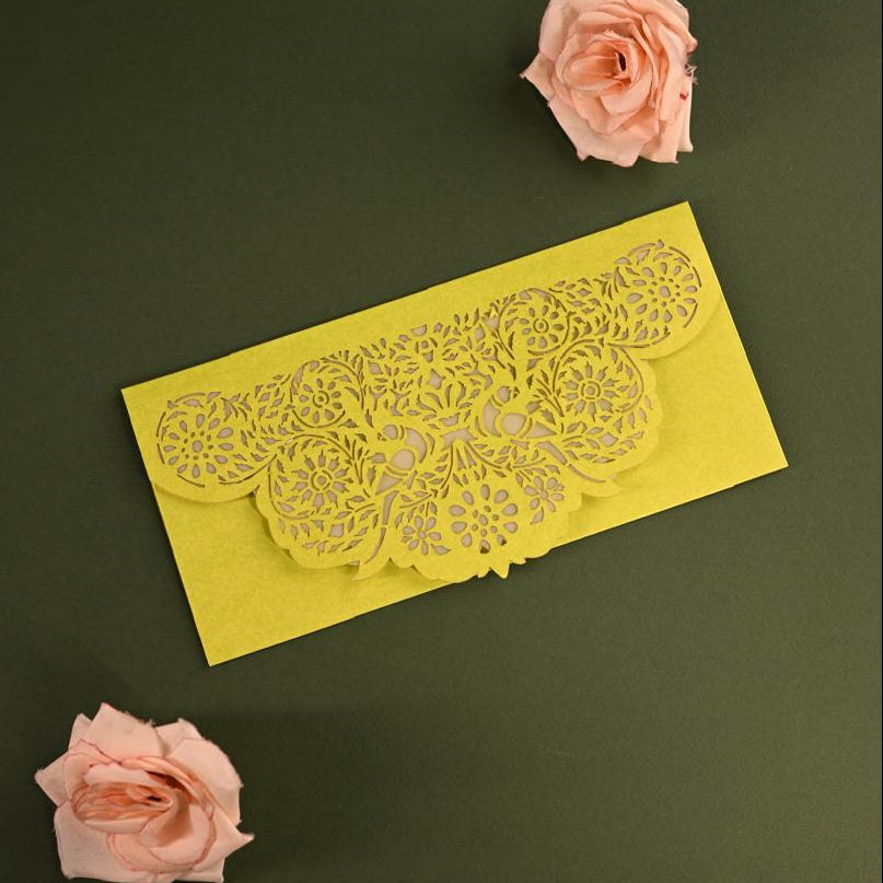 Parrot green Sagun envelope with Parrot patterns cutting on Flap